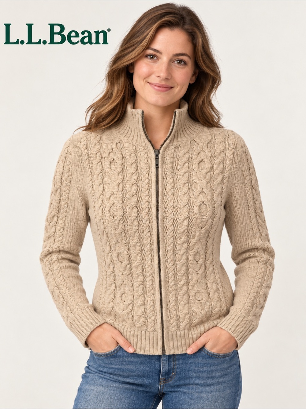 L.L.Bean Womenโs Cable Knit Full Zip Cardigan Sweater Medium Petite